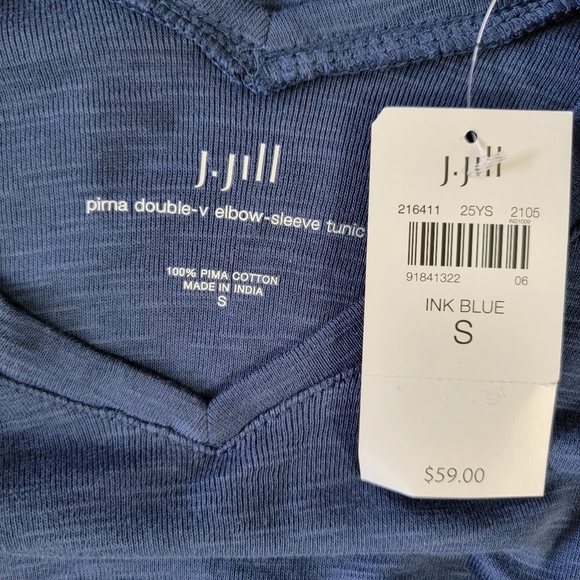 NWT J Jill Pima Double V Elbow Sleeve Tunic Top Ink Blue Soft Cotton Size Small - Picture 6 of 9